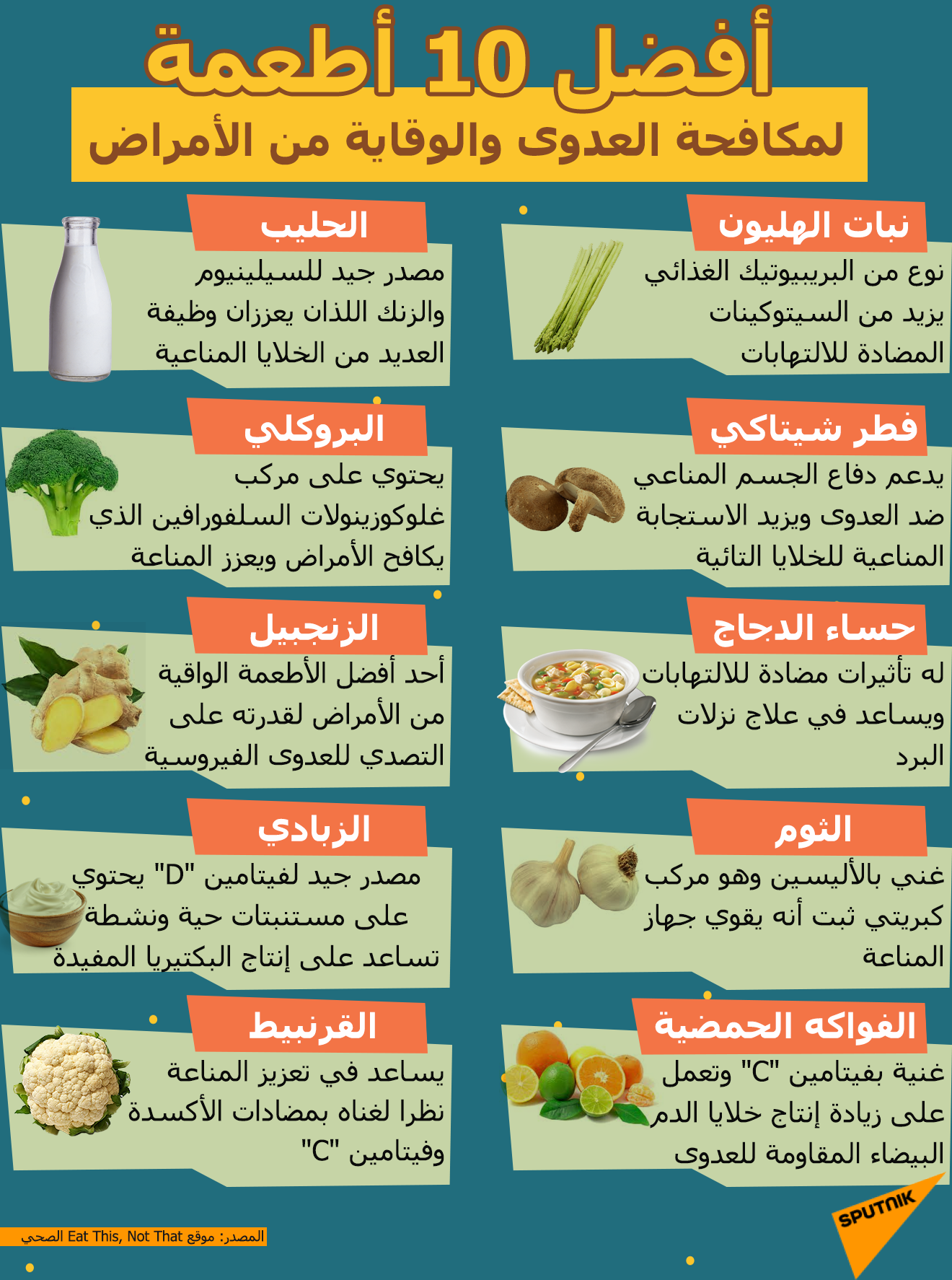 أفضل 10 أطعمة لمكافحة العدوى والوقاية من الأمراض
 - سبوتنيك عربي