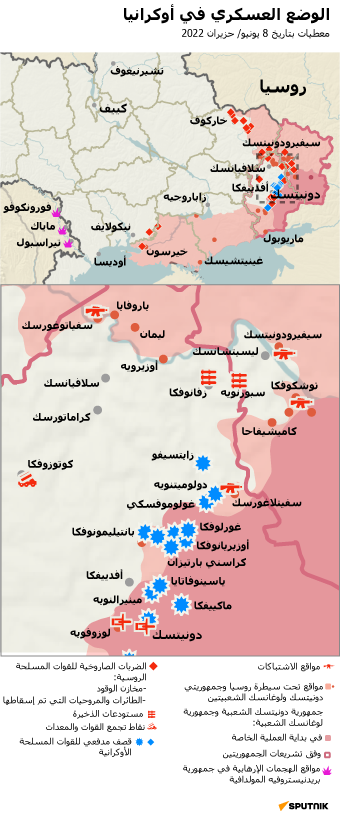 خريطة العملية العسكرية الروسية الخاصة في أوكرانيا اعتبارا من 8 يونيو 2022 - سبوتنيك عربي