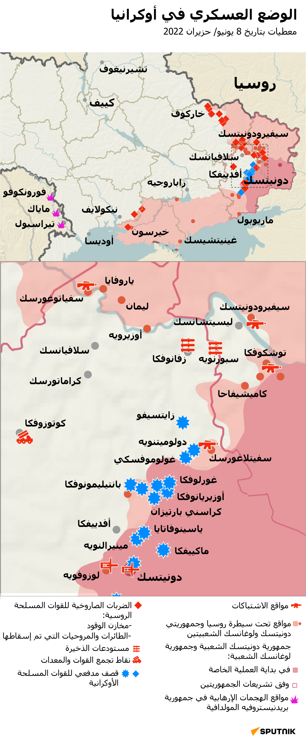 خريطة العملية العسكرية الروسية الخاصة في أوكرانيا اعتبارا من 8 يونيو 2022 - سبوتنيك عربي