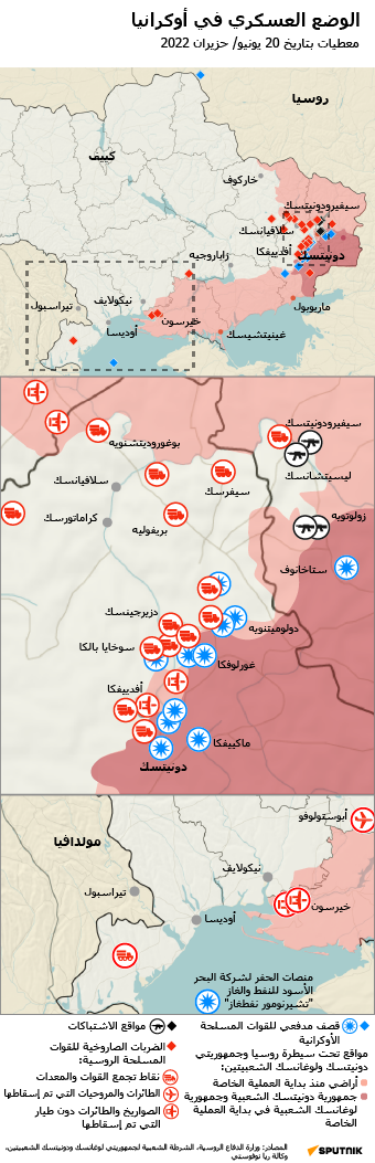خريطة العملية العسكرية الروسية الخاصة في أوكرانيا اعتبارا من 20 يونيو 2022 - سبوتنيك عربي