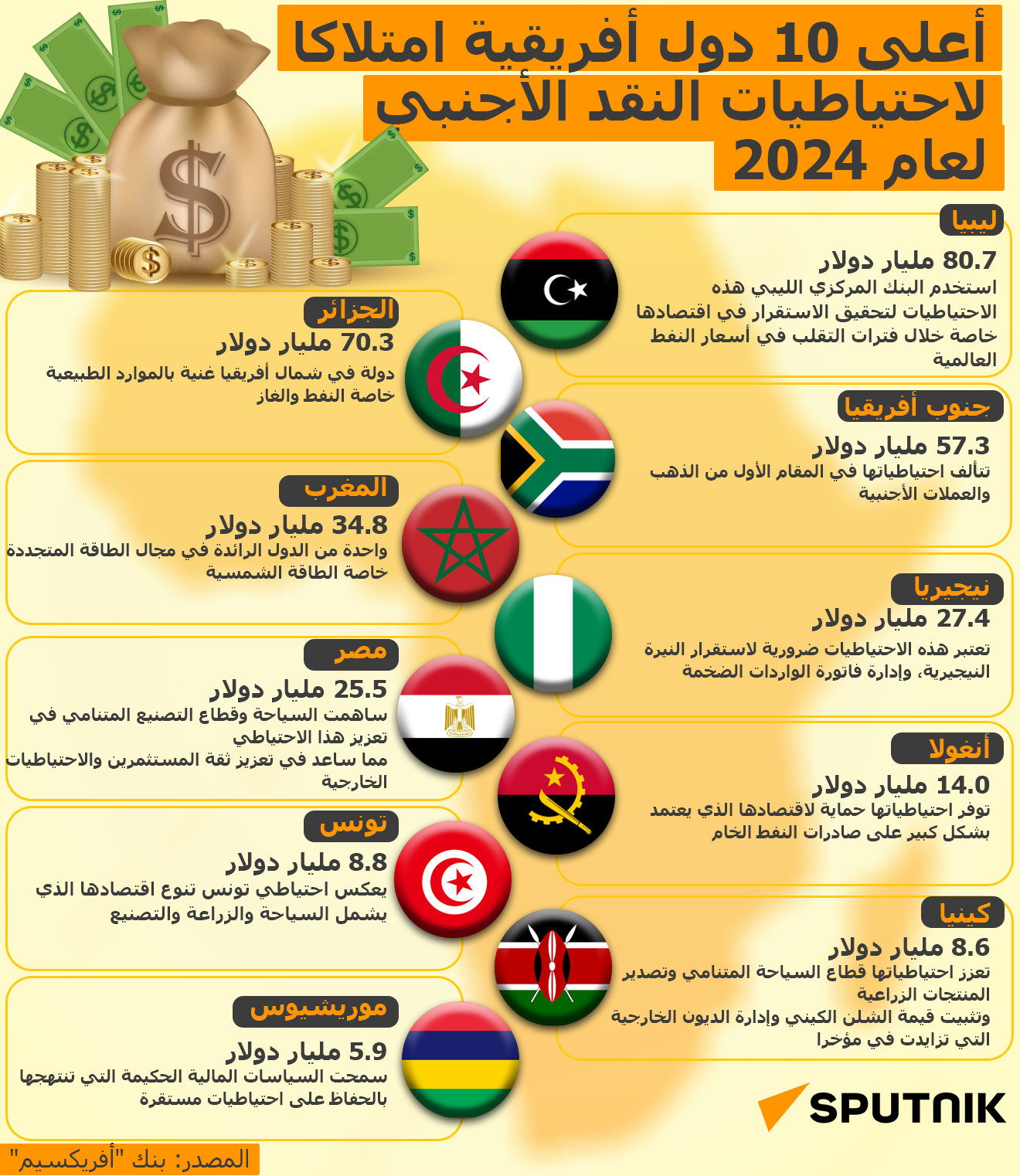 أعلى 10 دول أفريقية امتلاكا لاحتياطيات النقد الأجنبي لعام 2024 - سبوتنيك عربي