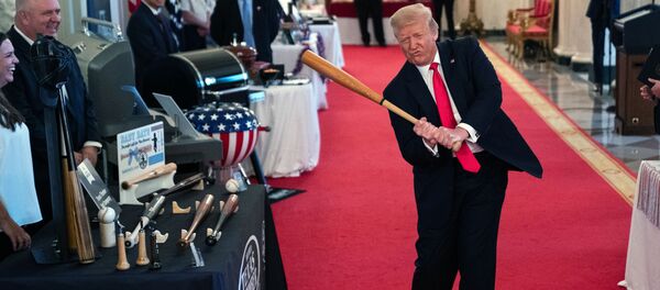 الرئيس دونالد ترامب يحمل مضرب بيسبول خلال عرض برنامج تلفزيوني سبيريت أوف أميريكا في البيت الأبيض، 2 يوليو 2020 الرئيس دونالد ترامب يحمل مضرب بيسبول خلال عرض برنامج تلفزيوني سبيريت أوف أميريكا في البيت الأبيض، 2 يوليو 2020 - سبوتنيك عربي