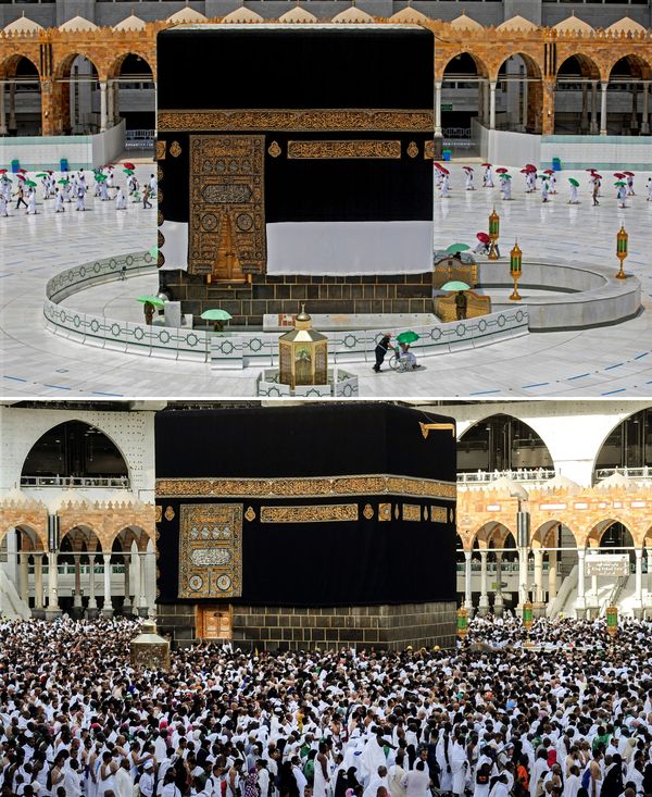 الصورة في الأسفل - الحجاج في مكة في العام الماضي، 13 أغسطس 2019، والصورة في الأعلى - الحجاج في مكة اليوم، 29 يوليو 2020 - سبوتنيك عربي