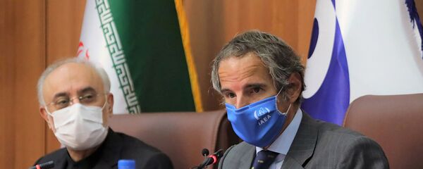  مدير عام الوكالة الدولية للطاقة الذرية رفائيل غروسي خلال لقائه مدير هيئة الطاقة الذرية الإيرانية علي أكبر صالحي في طهران - سبوتنيك عربي