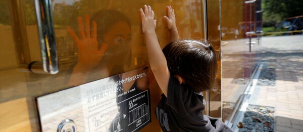 طفل ينظر إلى أمه عبر الجدران الشفافة لمرحاض عام في حديقة يويوجي فوكاماتشي ميني بارك في طوكيو، اليابان 26 أغسطس 2020 - سبوتنيك عربي