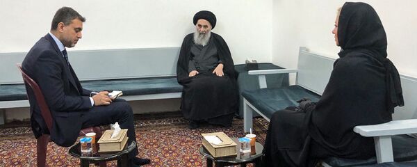 المرجع الديني الشيعي الأعلى في العراق آية الله علي السيستاني، خلال  لقاءه مبعوثة الأمين العام للأمم المتحدة في العراق جينين هينيس-بلاسخارت في النجف - سبوتنيك عربي