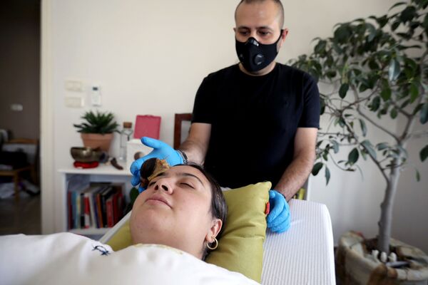 سهيل سويدان، 34 عاماً، يقدم خدمة التديلك بواسطة الحلزونات البرية الأفريقية العملاقة، التي تعتبر مصدراً لتعزيز مادة الكولاجين في الجلد، في مركز تجميل في عمان، الأردن، 16 سبتمبر / أيلول 2020 - سبوتنيك عربي