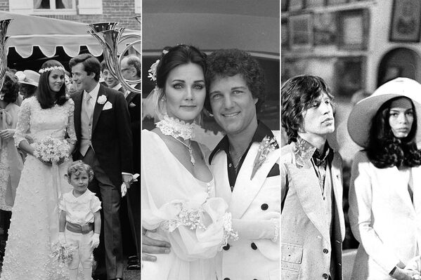 على يسار الصورة: ابنة ارستقراطي الإيطالية أوليمبيا ألدوبرانديني بعد زواجها من الممول ديفيد دي روتشيلد، 29 يونيو/ جزيران 1974؛ في الوسط: الممثلة ليندا كارتر مع زوجها المنتج رون سامويلز، 28 مايو/ أيار 1977؛ يمين الصورة: الناشطة في مجال حقوق الإنسان بيانكا بيريز مورا ماسياس تتزوج من مغني فرقة الروك البريطانية رولينغ ستونز ميك جاغر، 12 مايو/ أيار 1971. - سبوتنيك عربي
