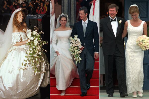 على يسار الصورة: المغنية ماريا كاري تتزوج المنتج تومي موتولا، 5 يونيو/ حزيران 1993، في الوسط: كريستينا دي بوربون الإسبانية بعد زواجها من لاعب كرة اليد الإسباني والحائزةعلى الميدالية الأولمبية إيناكي أوردانغارين، 4 أكتوبر/ تشرين أول عام 1997؛ على يمين الصورة: سيدة الأعمال كارين فالدبيليغ كيسيك والسياسي الأمريكي جون كيسيك، 22 مارس / آذار 1997. - سبوتنيك عربي