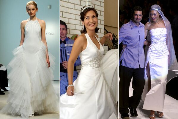 على بسار الصورة: عارضة أزياء تقدم فستانًا من مجموعة الربيع للمصممة فيرا وونغ في إطار عرض أسبوع الزفاف في نيويورك، 17 أبريل/ نيسان 2008؛ في الوسط: الروسية يكاتيرينا دميتريفا مالينشينكو تقف إلى جانبصورة ورقية  لزوجها رائد الفضاء الروسي وبطل روسيا الاتحادية يوري مالينشينكو، بعد حفل زفاف أقيم عبر خط الأقمار الصناعية، 10 أغسطس/ آب 2003 ؛ يمين الصورة: مصمم الأزياء الإيطالي أنطونيو داميكو، يقدم مجموعة أزياء ربيع / صيف 2000، وعارضة أزياء فرنسية في ميلانو، 26 سبتمبر/ أيلول 1999. - سبوتنيك عربي