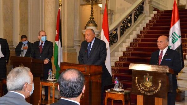  المؤتمر الصحفي لوزراء خارجية الأردن ومصر والأردن في مقر وزارة الخارجية المصرية بالقاهرة - سبوتنيك عربي