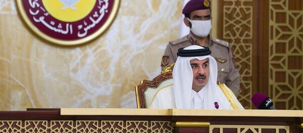 أمير قطر الشيخ تميم بن حمد آل ثاني يلقي كلمة أمام مجلس الشورى في الدوحة، قطر، 3 نوفمبر/ تشرين الثاني 2020 - سبوتنيك عربي