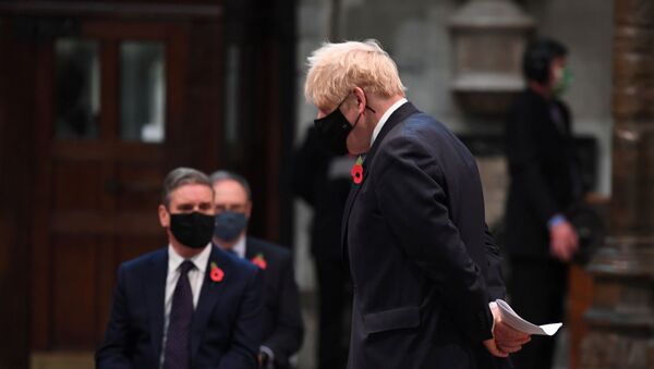 رئيس الوزراء البريطاني بوريس جونسون يرتدي كمامة 11 نوفمبر 2020 - سبوتنيك عربي