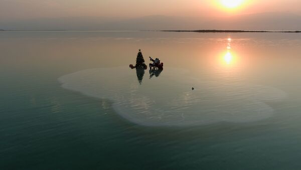 الفلسطيني عيسى قسيسية يرتدي زي بابا نويل وشجرة عيد الميلاد، أثناء جلسة تصوير في البحر الميت، في عين بكيك، 15 نوفمبر 2020 - سبوتنيك عربي
