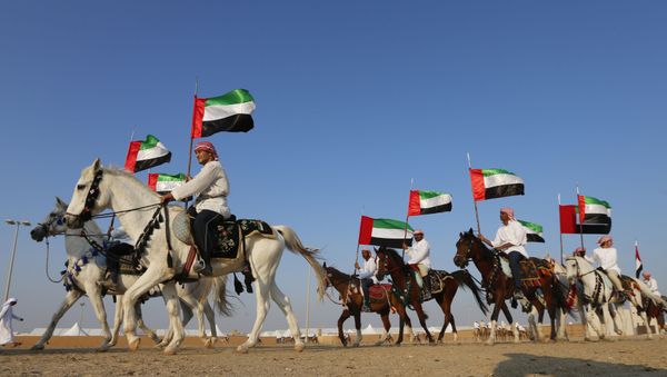 رجال إماراتيون يلوحون بأعلامهم الوطنية ويمتطون الخيول خلال مهرجان الشيخ زايد التراثي 2015 في العاصمة أبوظبي رجال إماراتيون يلوحون بأعلامهم الوطنية ويمتطون الخيول خلال مهرجان الشيخ زايد التراثي 2015 في العاصمة أبوظبي - سبوتنيك عربي