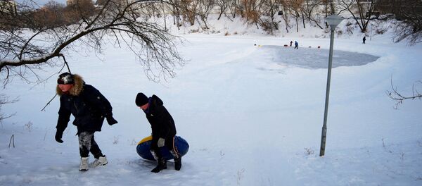 أطفال يمرحون على بحيرة متجمدة بالقرب من دير نوفوسباسكي في موسكو، 13 يناير 2021 - سبوتنيك عربي