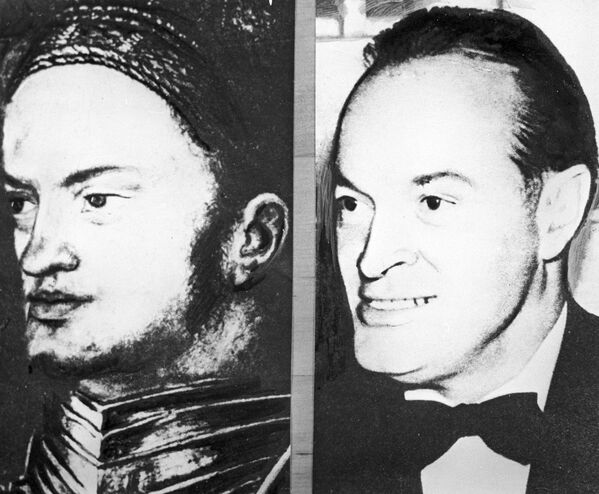 الفنان الكوميدي بوب هوب (يمبن) وشبيهه المحارب ألبريخت ديورير (1471-1528) من نورنبرغ الألمانية، 1966 - سبوتنيك عربي