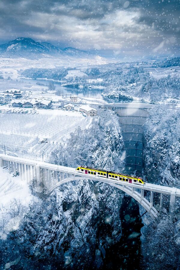 صورة بعنوان الجسر المعلق، للمصور باولو كروسيتا، الحائز على تقدير عالي في فئة الحضاري من مسابقة التصوير بواسطة الدرون لعام 2021

قطار فاكسانونيزا (Vaccanonesa) هو قطار صغير يربط مدينة ترينتو بقرى فال دي نون وفال دي سول في ترينتينو. أثناء رحلته عبر بساتين التفاح، يعير القطار هذا الممر المذهل فوق ارتفاع يزيد عن 150 مترًا. - سبوتنيك عربي