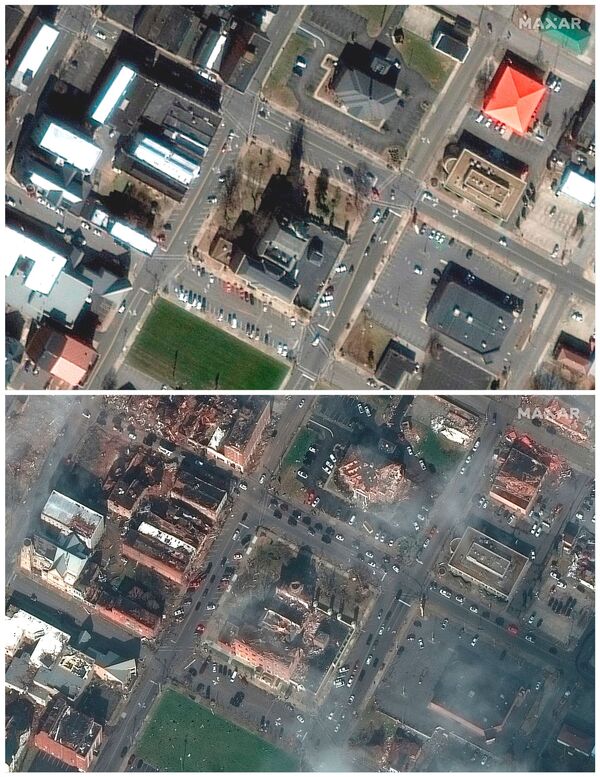 تُظهر مجموعة من صور الأقمار الصناعية محكمة المقاطعة في مايفيلد، ولاية كنتاكي الأمريكية، قبل وبعد اندلاع مدمر للأعاصير التي اجتاحت العديد من الولايات الأمريكية، في 28 يناير 2017 (أعلى) و 11 ديسمبر 2021 (أسفل) - سبوتنيك عربي