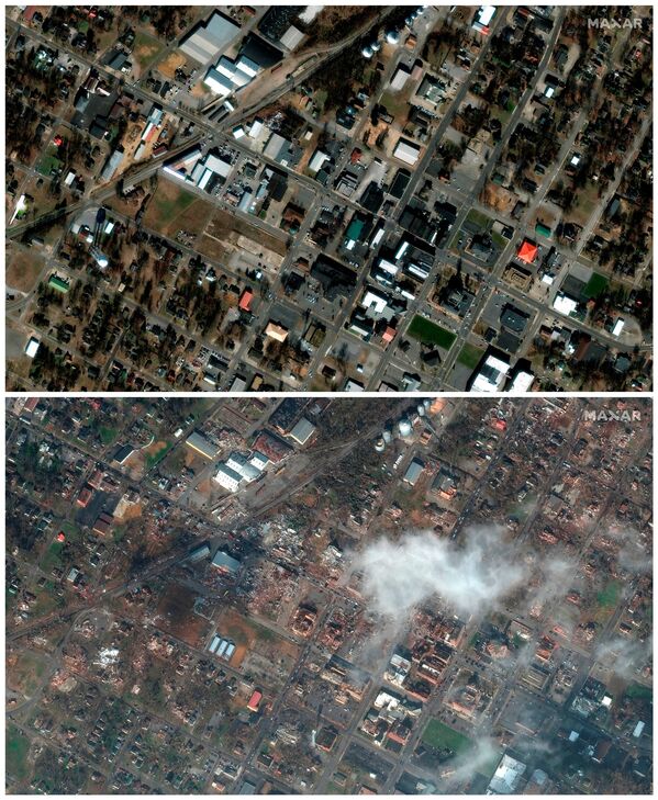 تُظهر مجموعة من صور الأقمار الصناعية وسط مدينة مايفيلد، ولاية كنتاكي الأمريكية، قبل وبعد اندلاع مدمر للأعاصير التي اجتاحت العديد من الولايات الأمريكية، في 28 يناير 2017 (أعلى) و 11 ديسمبر 2021 (أسفل) - سبوتنيك عربي