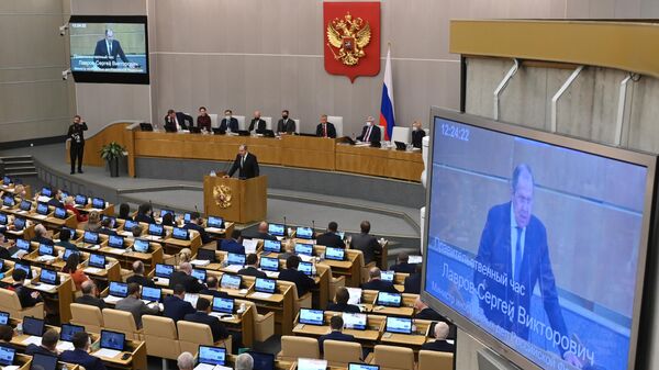 وزير الخارجية الروسي سيرغي لافروف في مجلس الدوما الروسي، موسكو 26 يناير 2022
 - سبوتنيك عربي