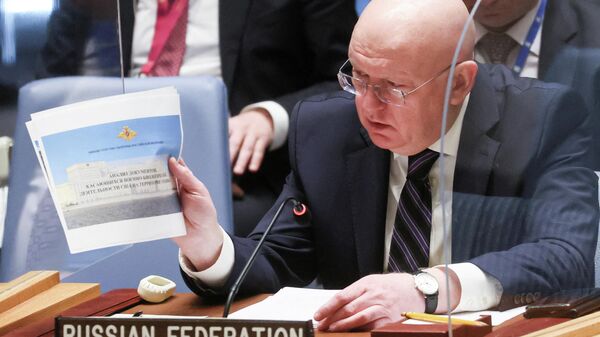 فاسيلي نيبينزيا، سفير روسيا الدائم في مجلس الأمن، نيويورك، الولايات المتحدة 18 مارس 2022 - سبوتنيك عربي