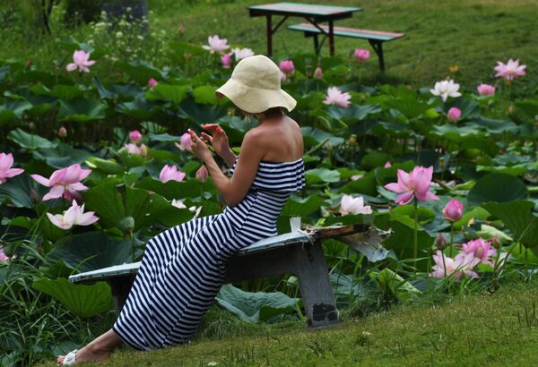 فتاة تجلس بالقرب من بحيرة اللوتس بالقرب من أوسوريسك في بريمورسكي كراي، روسيا 4 أغسطس 2022 - سبوتنيك عربي