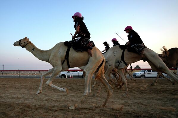 متسابقات الهجن بعد مشاركتهن في السباق الأول للموسم الذي نظمه مركز ركوب الجمال في الصحراء العربية في مضمار المرموم في ضاحية دبي، الإمارات العربية المتحدة،  29 أكتوبر 2022. - سبوتنيك عربي