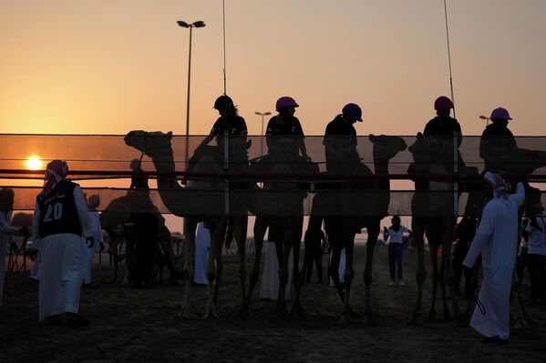 متسابقات الهجن بعد مشاركتهن في السباق الأول للموسم الذي نظمه مركز ركوب الجمال في الصحراء العربية في مضمار المرموم في ضاحية دبي، الإمارات العربية المتحدة،  29 أكتوبر 2022. - سبوتنيك عربي