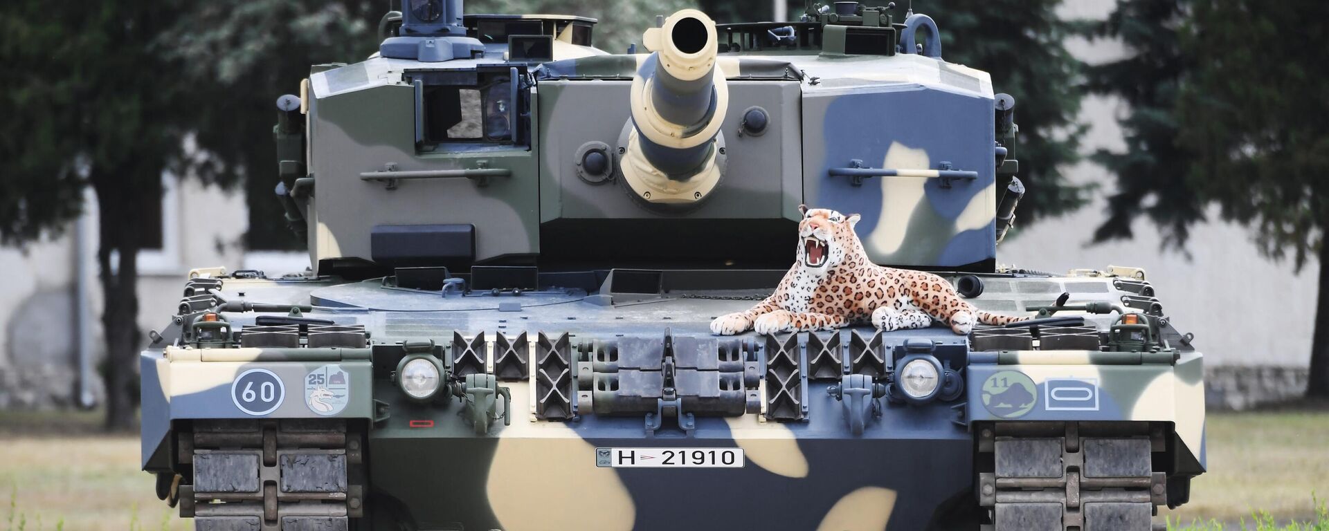دمية لفهد وضع على دبابة ليوبارد 2 خلال حفل تسليم الدبابات في قاعدة الجيش المجري بتاريخ في 24 يوليو 2020 - سبوتنيك عربي, 1920, 03.03.2023