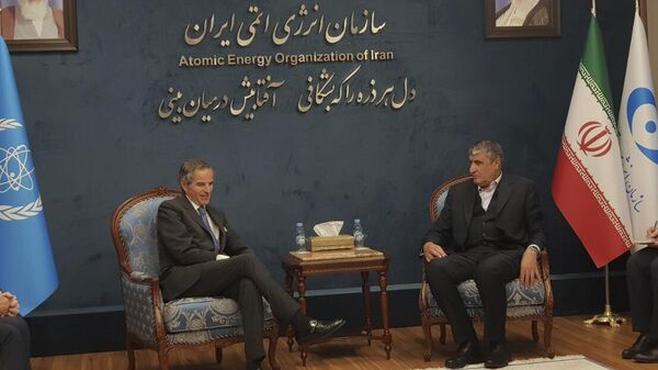 رئيس منظمة الطاقة الذرية الإيرانية محمد إسلامي، يستقبل المدير العام لوكالة الطاقة الذرية الدولية رافائيل غروسي في طهران، الجمعه 3 مارس/ آذار 2023. - سبوتنيك عربي