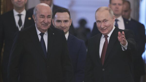 الرئيس الجزائري عبد المجيد تبون والرئيس فلاديمير بوتين خلال زيارته إلى موسكو، روسيا - سبوتنيك عربي