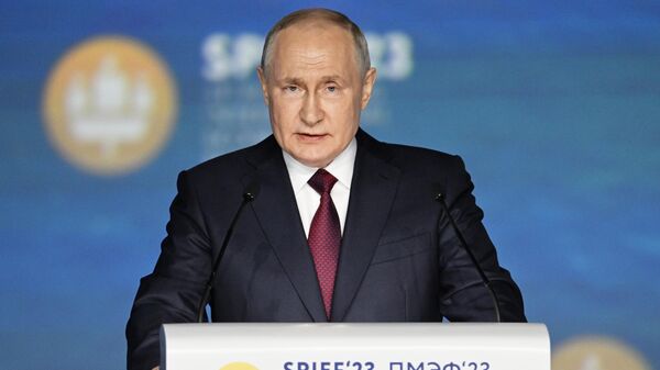 الرئيس الروسي فلاديمير بوتين في منتدى سانت بطرسبورع الاقتصادي الدولي - سبوتنيك عربي