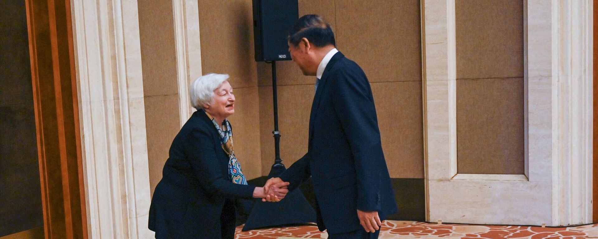 وزيرة الخزانة الأمريكية، جانيت يلين، تصافح نائب رئيس الوزراء الصيني، هي ليفينغ، في بكين، الصين، 8 يوليو/ تموز 2023 - سبوتنيك عربي, 1920, 09.07.2023