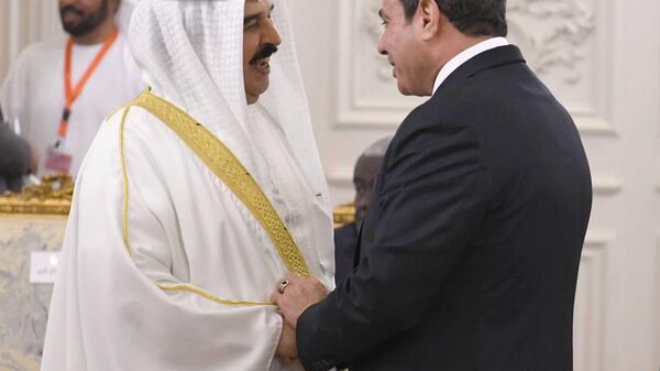 الرئيس المصري عبد الفتاح السيسي خلال استقبال القادة والمسؤولين المشاركين في قمة القاهرة للسلام حول التصعيد في قطاع غزة - سبوتنيك عربي