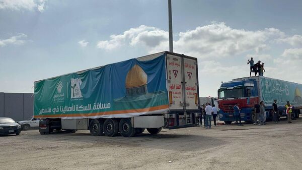 الشاحنات المحملة بالمساعدات الطبية والغذائية تستعد للدخول للجانب الفلسطيني عند معبر رفح - سبوتنيك عربي