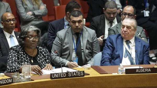 ليندا توماس جرينفيلد، السفيرة الأمريكية لدى الأمم المتحدة، وسفير الجزائر لدى الأمم المتحدة عمار بن جامع، خلال اجتماع مجلس الأمن 20 فبراير 2024 - سبوتنيك عربي