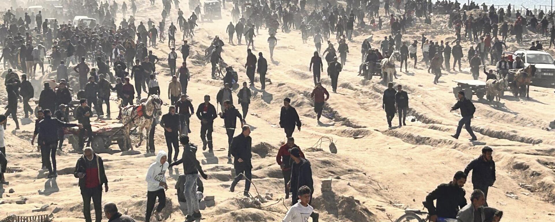فلسطينيون ينتظرون المساعدات الإنسانية على شاطئ البحر في مدينة غزة، قطاع غزة، 25 فبراير 2024. - سبوتنيك عربي, 1920, 08.03.2024