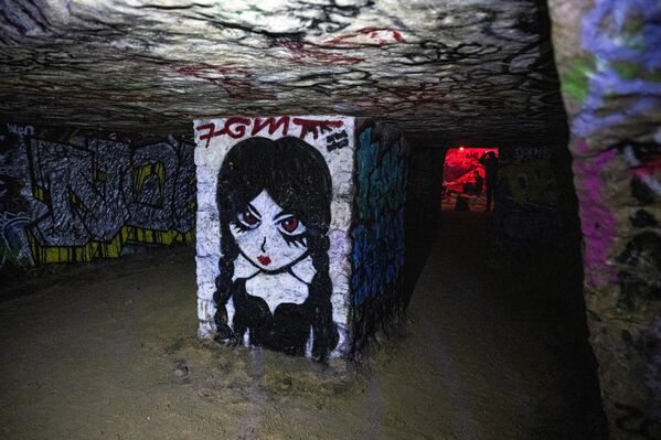 صورة تظهر الكتابة على الجدران في غرفة تسمى "لا بلاج" في سراديب الموتى المحرمة في باريس. - سبوتنيك عربي