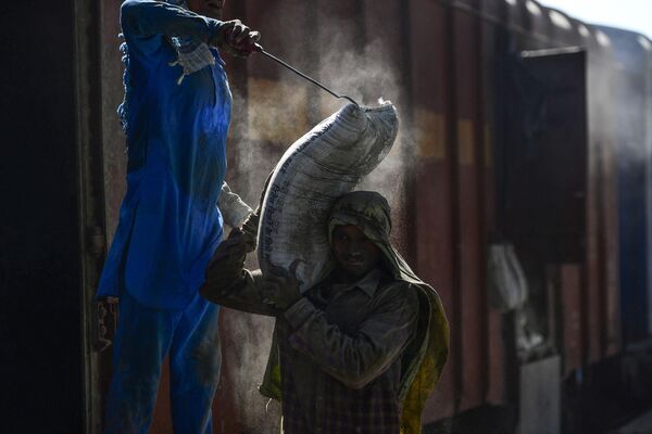 عمال يفرغون أكياس الأسمنت من قطار الشحن في جالاندهار في 2 مايو 2024. - سبوتنيك عربي