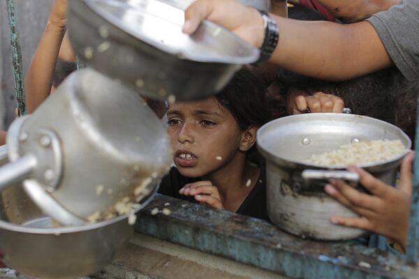 طفل فلسطيني يشاهد حصته من المساعدات الغذائية، قبل عطلة عيد الأضحى، في خان يونس، قطاع غزة، فلسطين، 15 يونيو 2024 - سبوتنيك عربي
