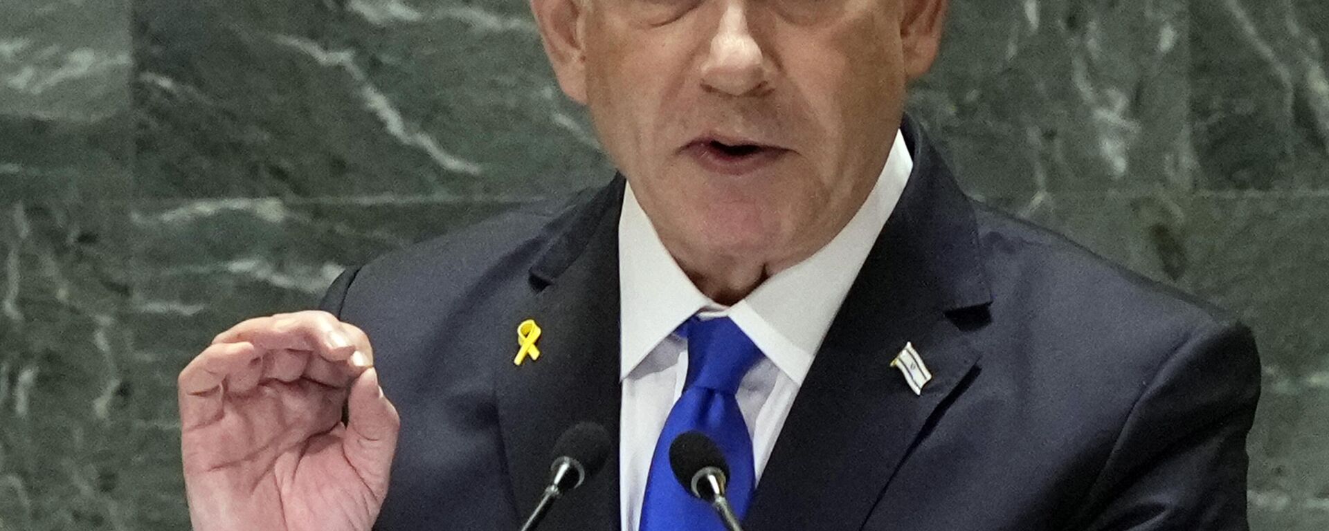 Israel Prime Minister Benjamin Netanyahu addresses the 79th session of the United Nations General Assembly, Friday, Sept. 27, 2024. (AP Photo/Richard Drew)


 - سبوتنيك عربي, 1920, 27.09.2024