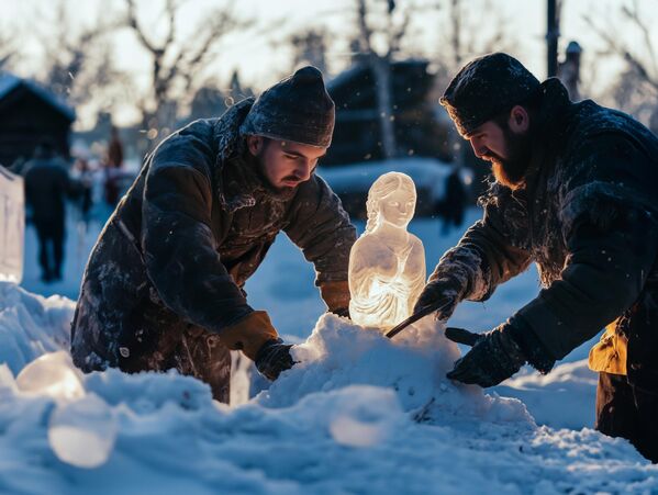 رجال ينحتون إمراة من الثلج - سبوتنيك عربي