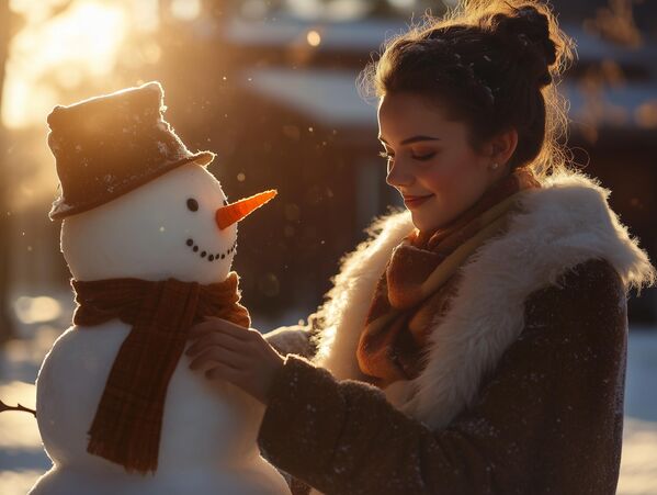 امرأة تلبس رجل ثلج بالقرب من منزلها - سبوتنيك عربي