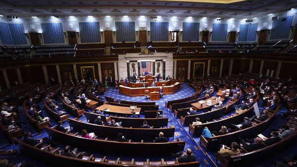 In this Jan. 6, 2021, file photo speaker of the House Nancy Pelosi speaks in the House Chamber after they reconvened for arguments over the objection of certifying Arizona's Electoral College votes in November's election, at the Capitol in Washington - سبوتنيك عربي