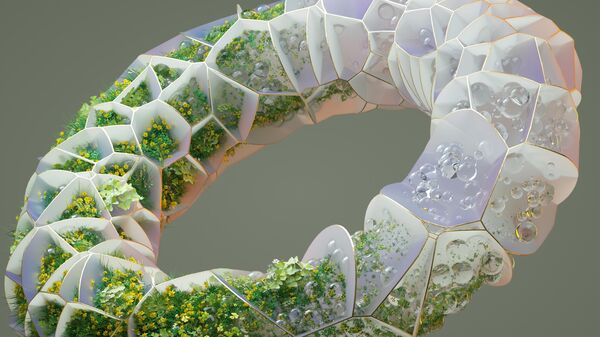 صورة رقمية لشكل دائري عضوي مصنوع من بلاستيك أبيض شفاف مملوء بالعشب والزهور يتحول إلى قطرات ماءيمثل عملية تحويل الوقود الحيوي. - سبوتنيك عربي