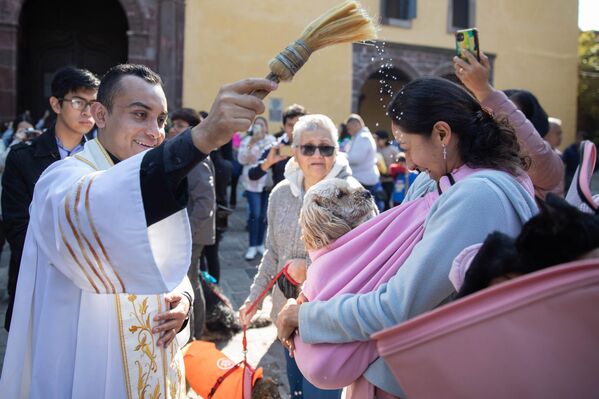 يبارك كاهن كلبًا خلال حفل "مباركة الحيوانات" بمناسبة يوم سان أنطونيو آباد، في كاتدرائية سان برناردينو دي سيينا، في مدينة مكسيكو، المكسيك. - سبوتنيك عربي