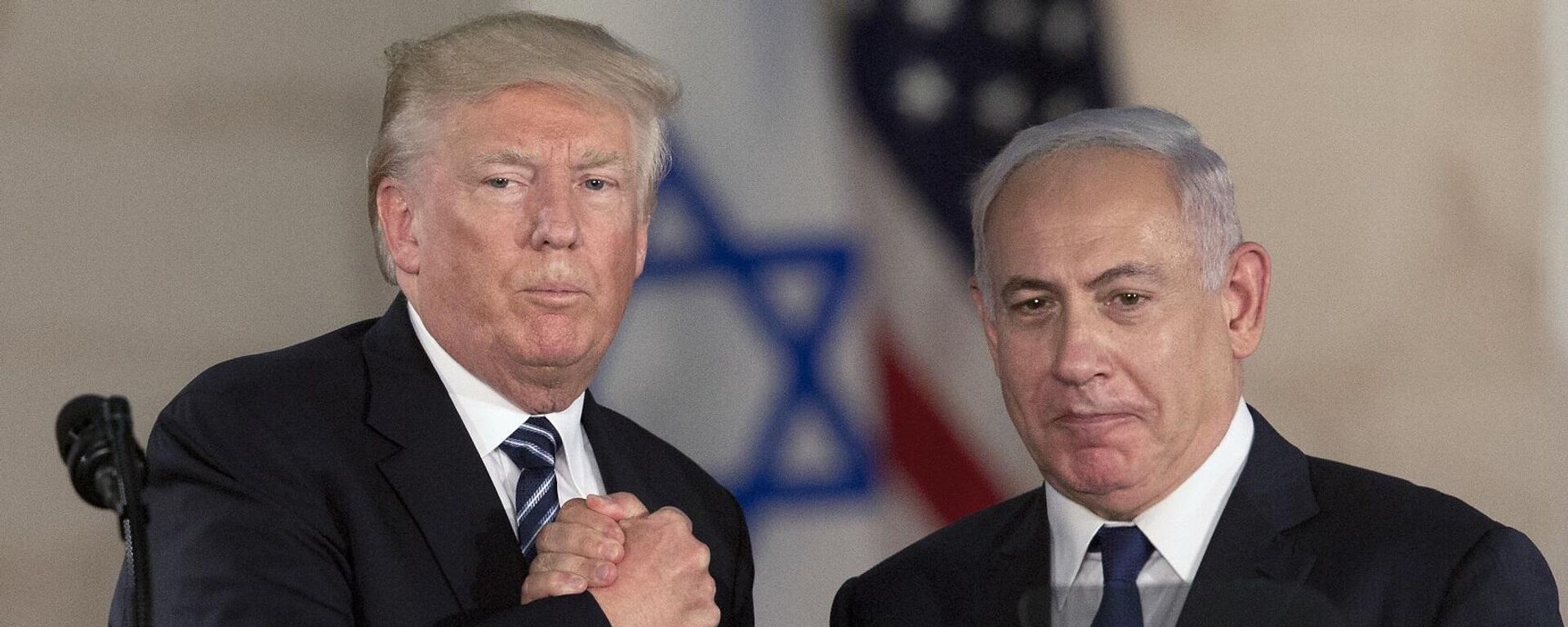 الرئيس الأمريكي، دونالد ترامب، ورئيس الوزراء الإسرائيلي، بنيامين نتنياهو، يتصافحان في متحف إسرائيل في القدس، 23 مايو/ أيار 2017 - سبوتنيك عربي, 1920, 02.02.2025