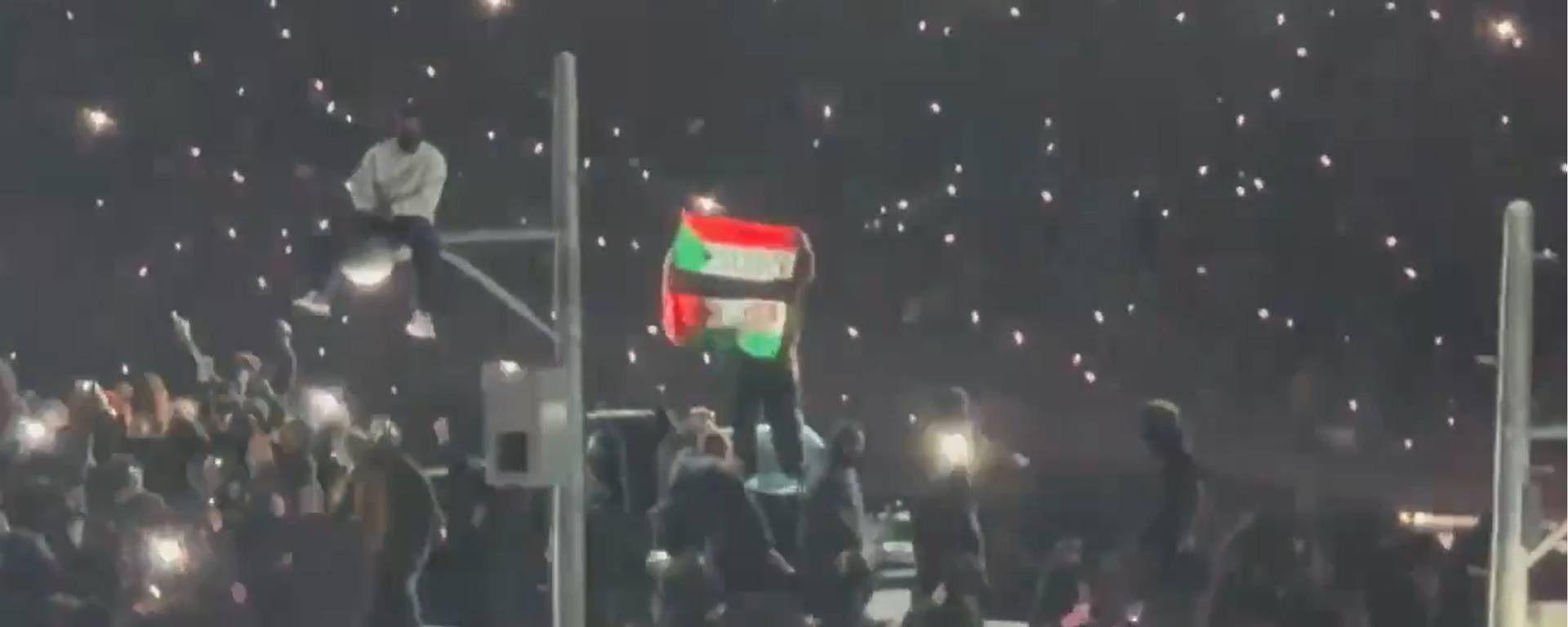 صورة لمحتج يرفع علمي فلسطين والسودان على خشبة المسرح أثناء أداء الفنان كيندريك لامار - سبوتنيك عربي, 1920, 10.02.2025