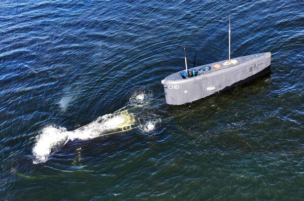 الغواصة الكبيرة العابرة للمحيطات من المشروع 877 &quot;هاليبوت&quot; بي-800 &quot;كالوغا&quot; أثناء تدريبات الإنقاذ المائي للأسطول الشمالي في مياه خليج إينا في خليج موتوفسكي ببحر بارنتس. - سبوتنيك عربي